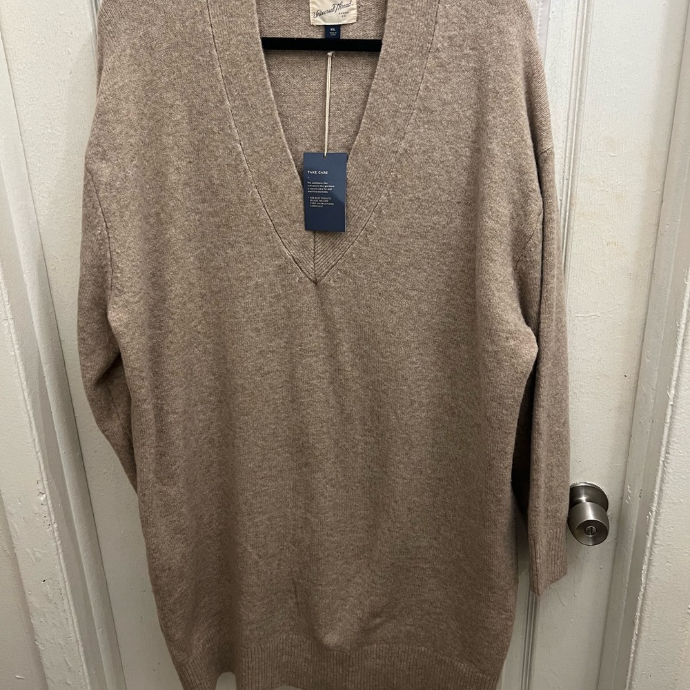 Cozy Beige V-Neck Sweater Dress PLUS SIZE